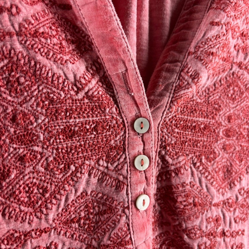 Style & Co Pink Embroidered Henley Top Roll Tab Sleeve Smocked Back Medium - Picture 3 of 8